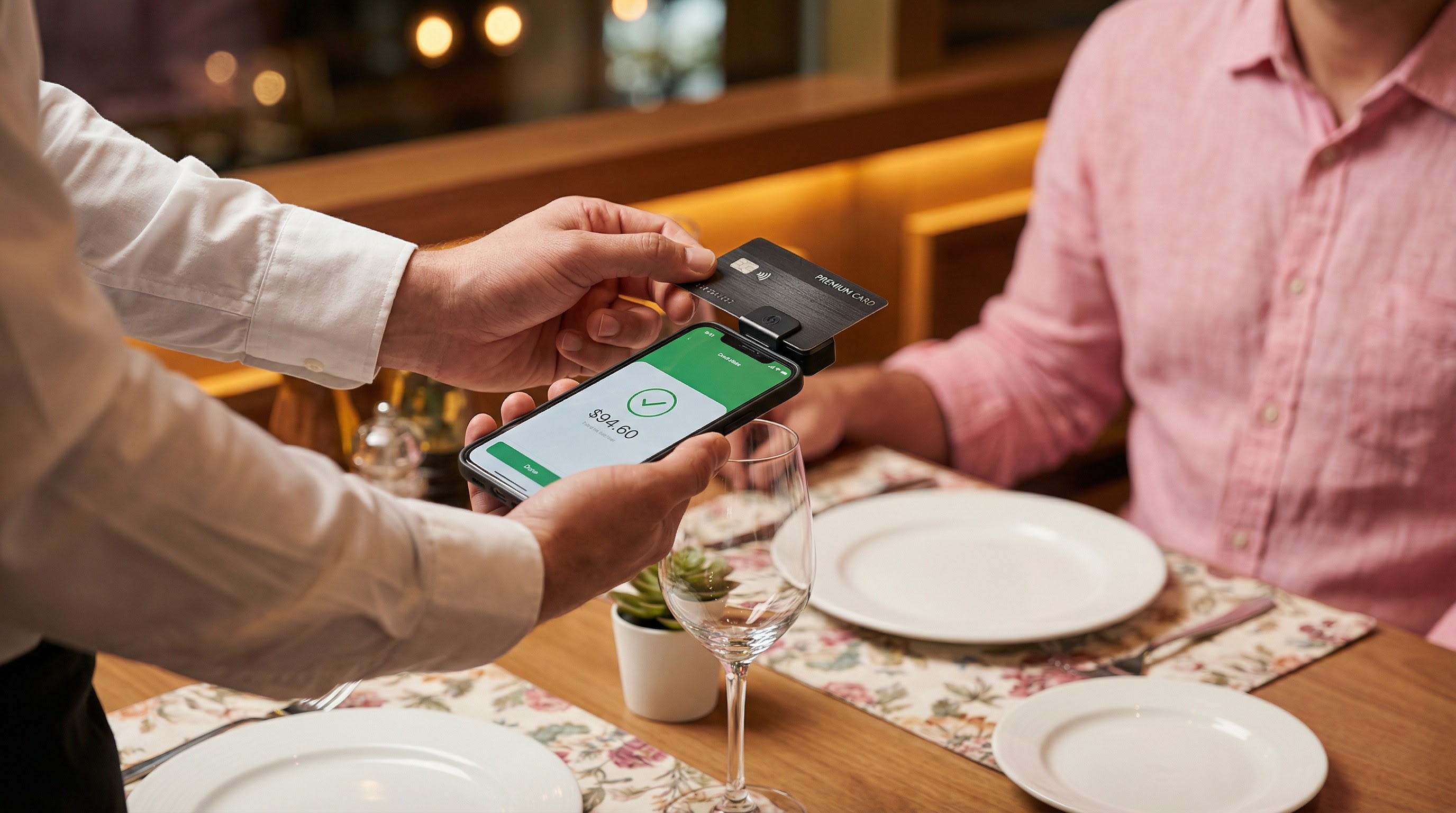 Person holding mobile payment terminal at table