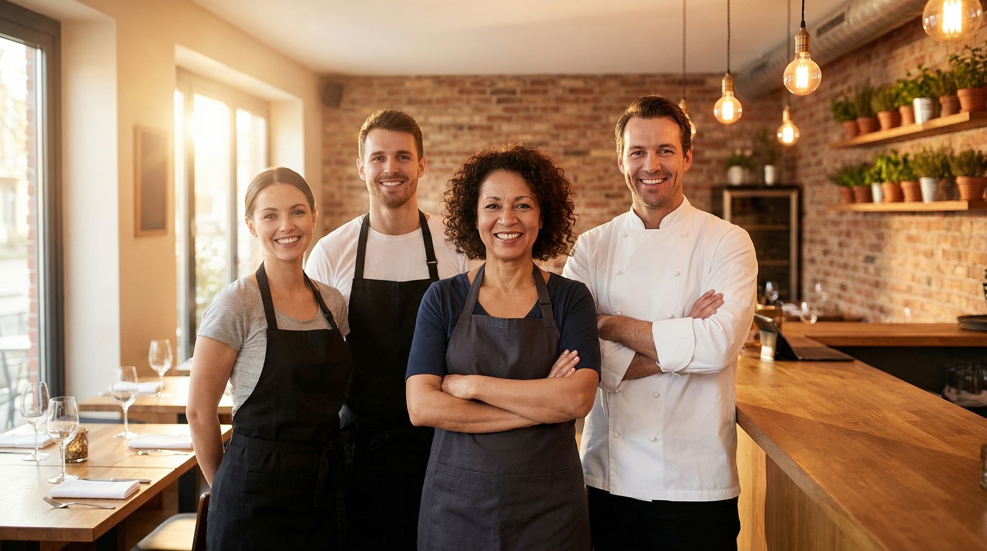 Team of chefs and restaurant staff working together in a modern kitchen
